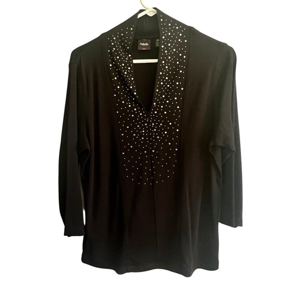 Rafaella L Rhinestone Embellished V Neckline 3/4 Sleeves Black Glam Sparkles